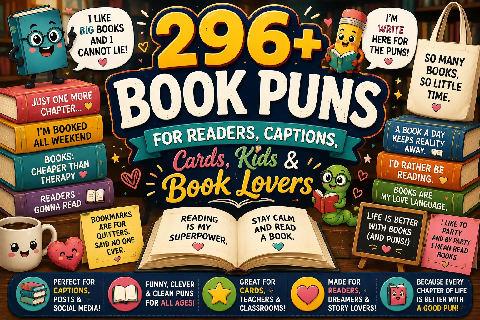296+ Book Puns for Readers, Captions, Cards, Kids & Book Lovers