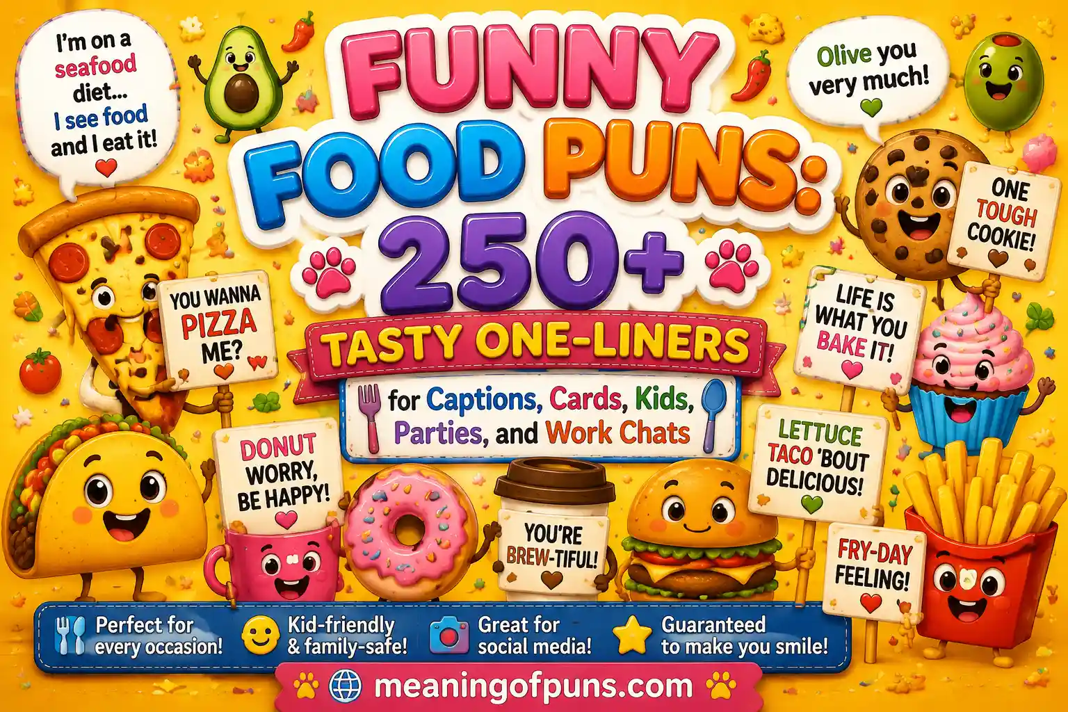 Funny Food Puns: 250+ Tasty One-Liners for Captions, Cards, Kids, Parties, and Work Chats